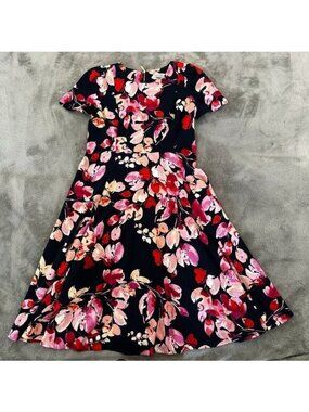 Calvin Klein Navy Blue Floral Midi Dress 12 Short Sleeve Modest